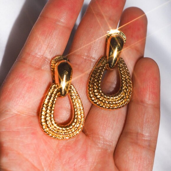 Gold Clip-On Drop Earrings - Picture 3 of 3